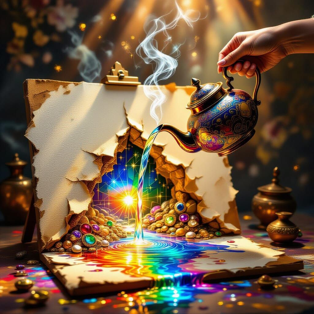 A steaming, ornate ceramic teapot pours a cascade of vibrant, multicolored liquid resembling flowing stained glass. As the surreal, iridesce...
