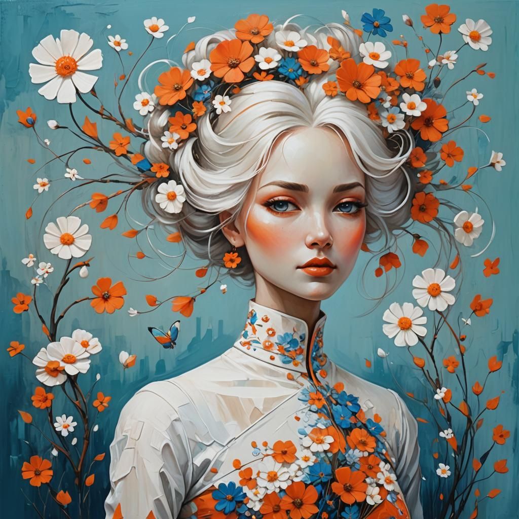 Painting of a woman in white m orange and blue