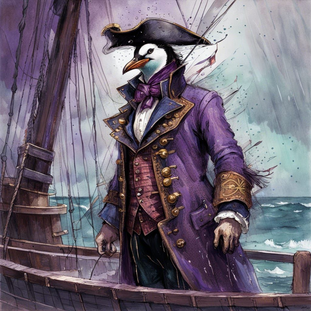 "Full body angry Anthropomorphic strong penguin pirate with black pirate hat and purple coat : wavy ocean ...  by @Kathy A Lindsey