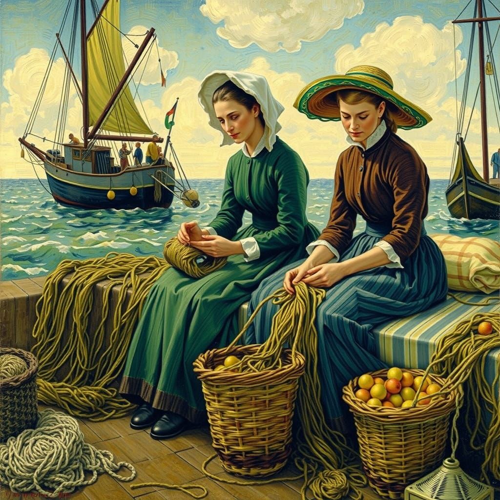 New England Women at Work on Fishing Nets