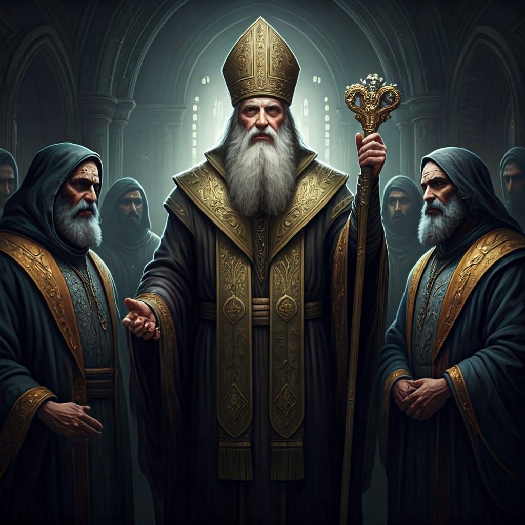 Mystical Rabbi Surrounded by Followers in Dark Fantasy Style