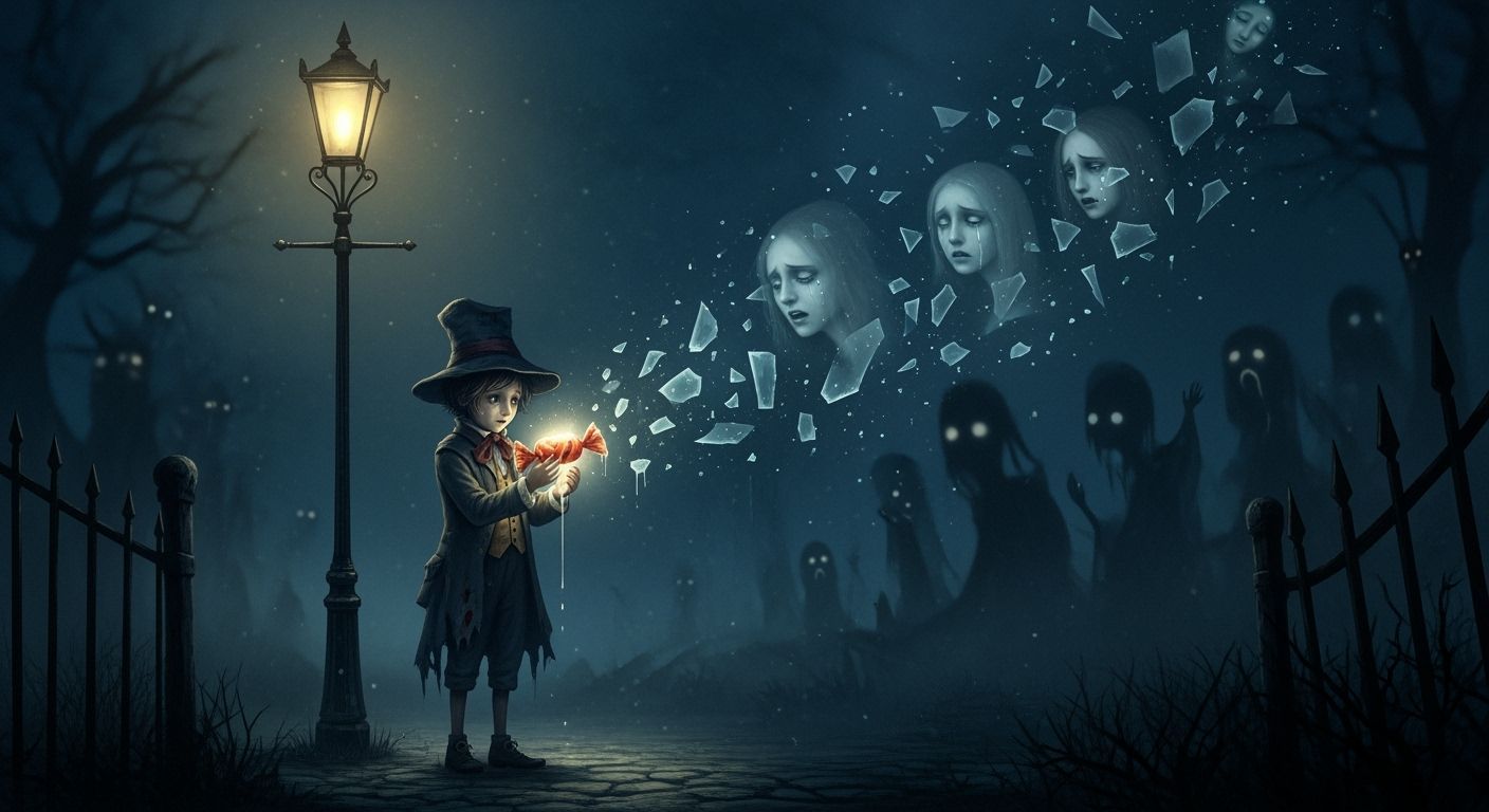 A ghostly Halloween night, a child in an antique costume stands beneath a flickering streetlamp, holding a glowing piece of candy in trembli...
