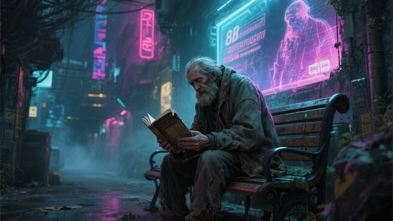 Digital painting. A lone, grizzled homeless man sits on a park bench in a neon-drenched cyberpunk city ...  by @Ed Evans