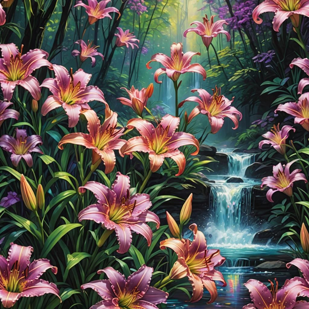 Holographic pink purple aqua day lilies forest waterfall river AI