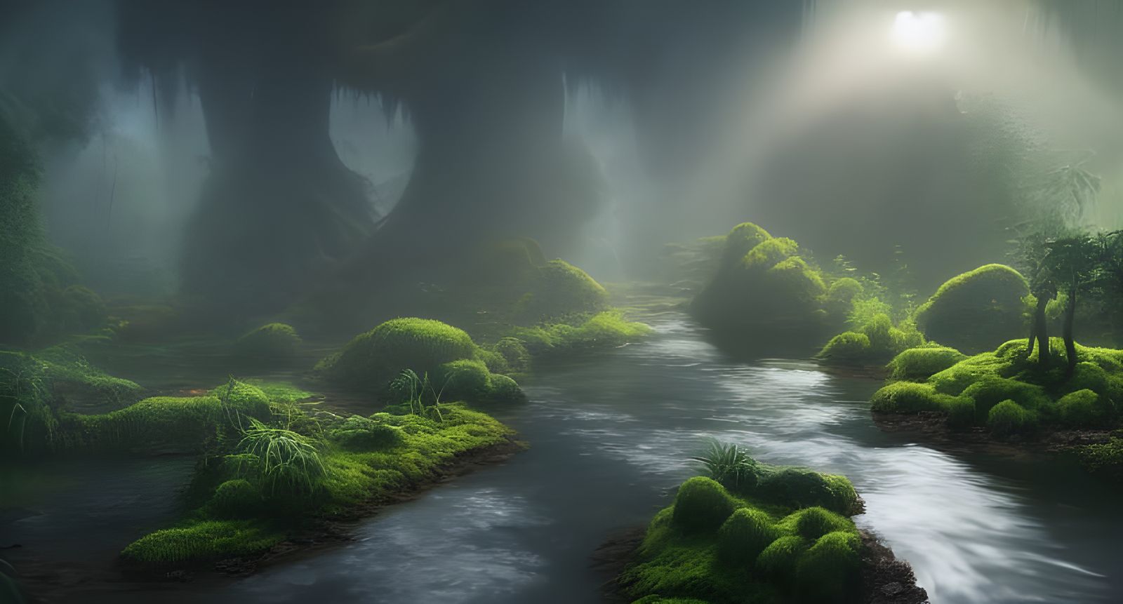 mossy, jungle, river, sunny day, dramatic lighting, 45° from...