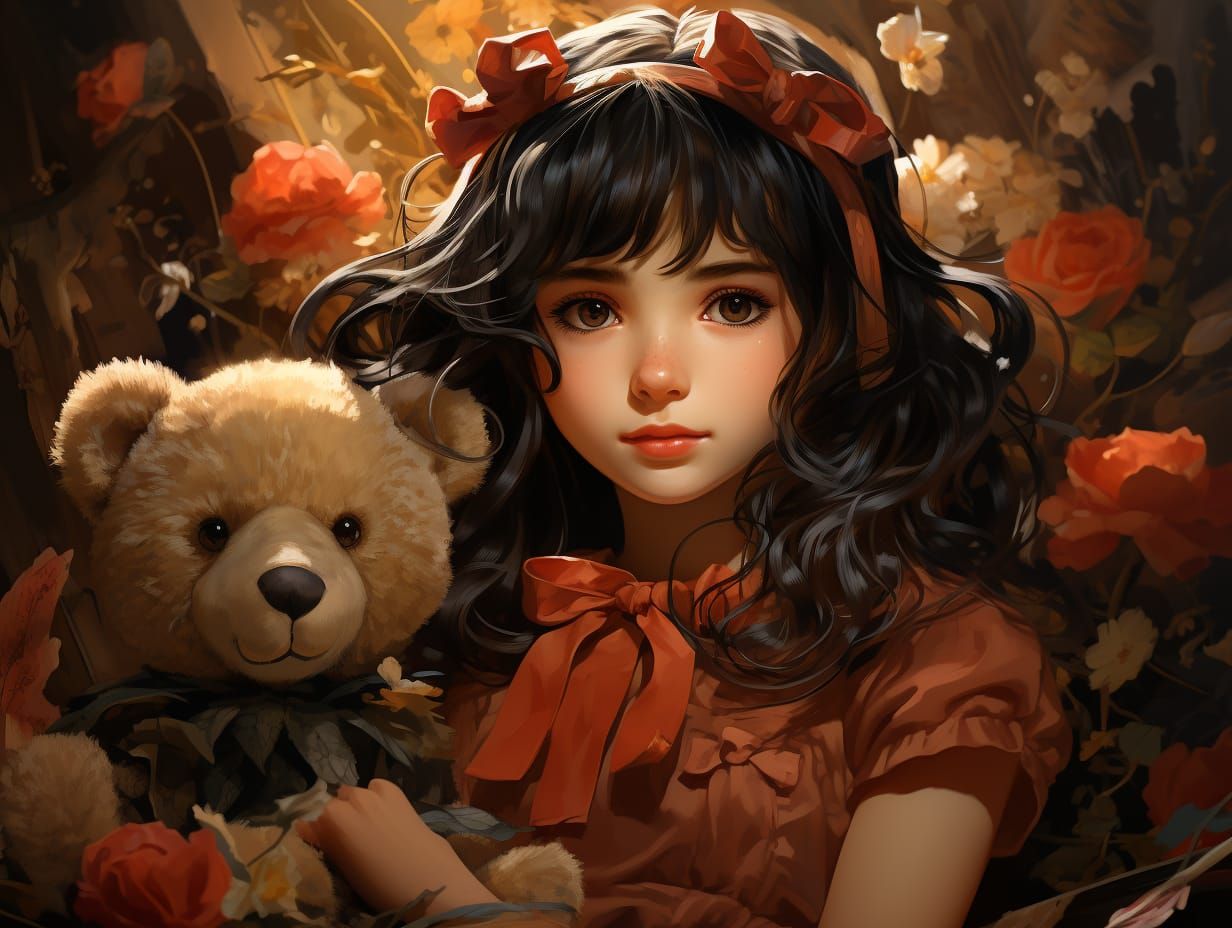 A beautiful little girl and her teddy bears