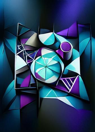 Geometric, black background,  light blue and purple geometri...