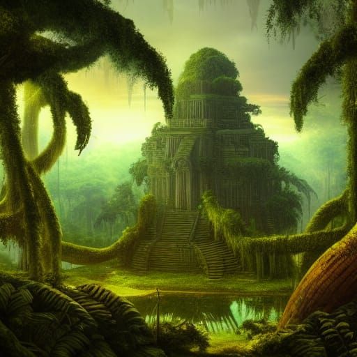 ancient jungle temple ruins, mossy, sunset, dramatic lightin...