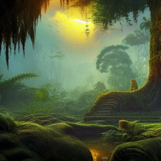 ancient jungle temple ruins, mossy, sunset, dramatic lightin...
