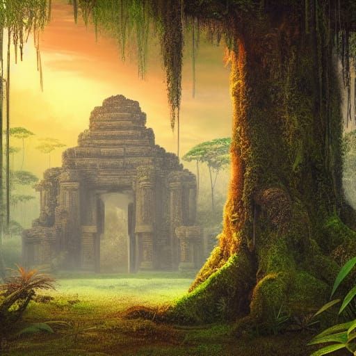 ancient jungle temple ruins, mossy, sunset, dramatic lightin...