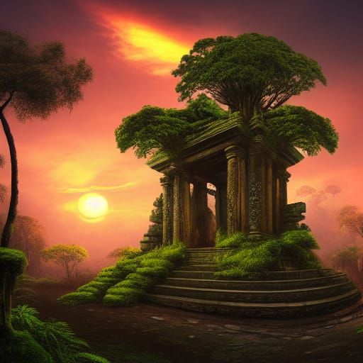 ancient jungle temple ruins, mossy, sunset, dramatic lightin...