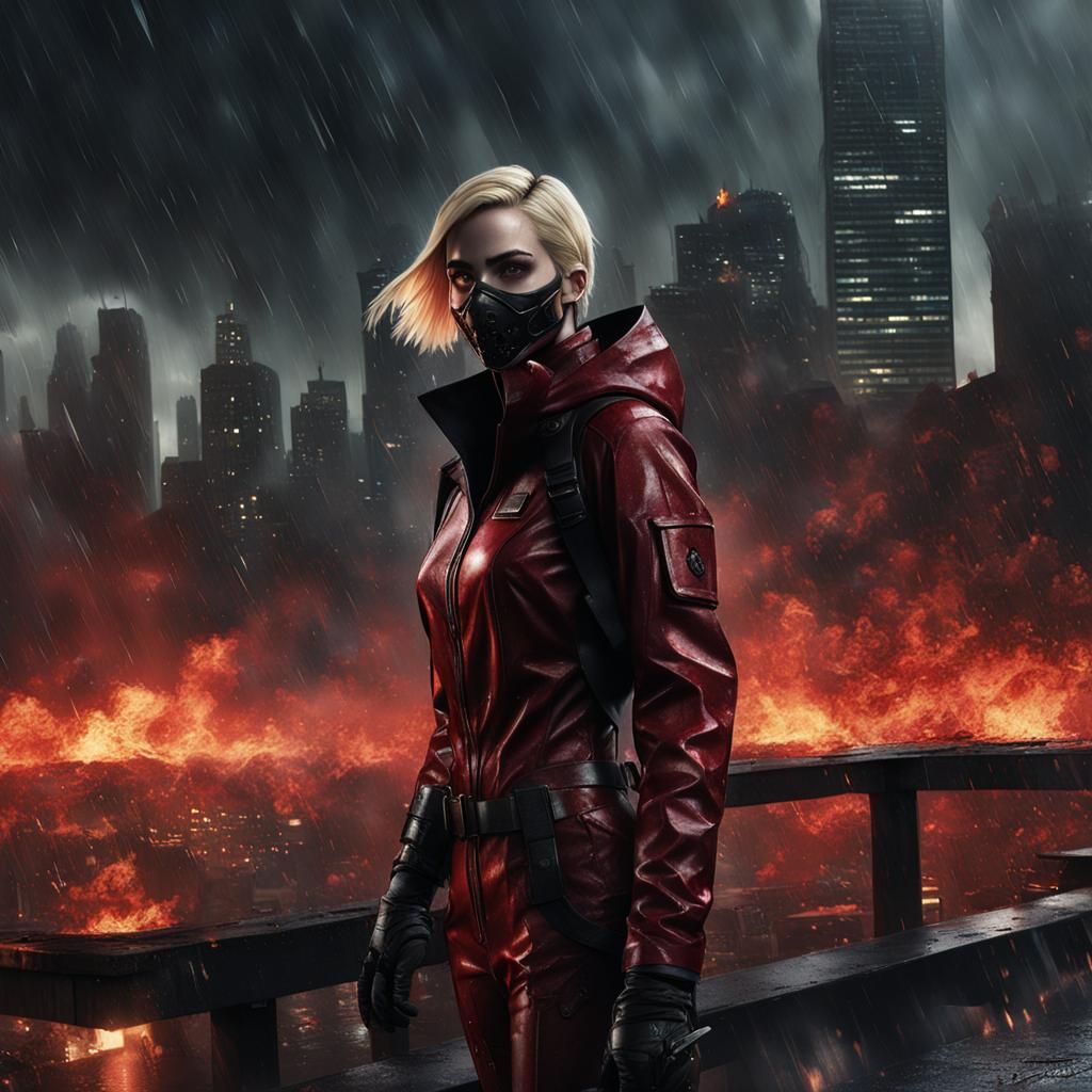 18 yo girl, third echelon dark red 3E suit, short blunt hair...