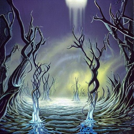 Ice Fire glowing clouds black sun glowing orbs trees branche...