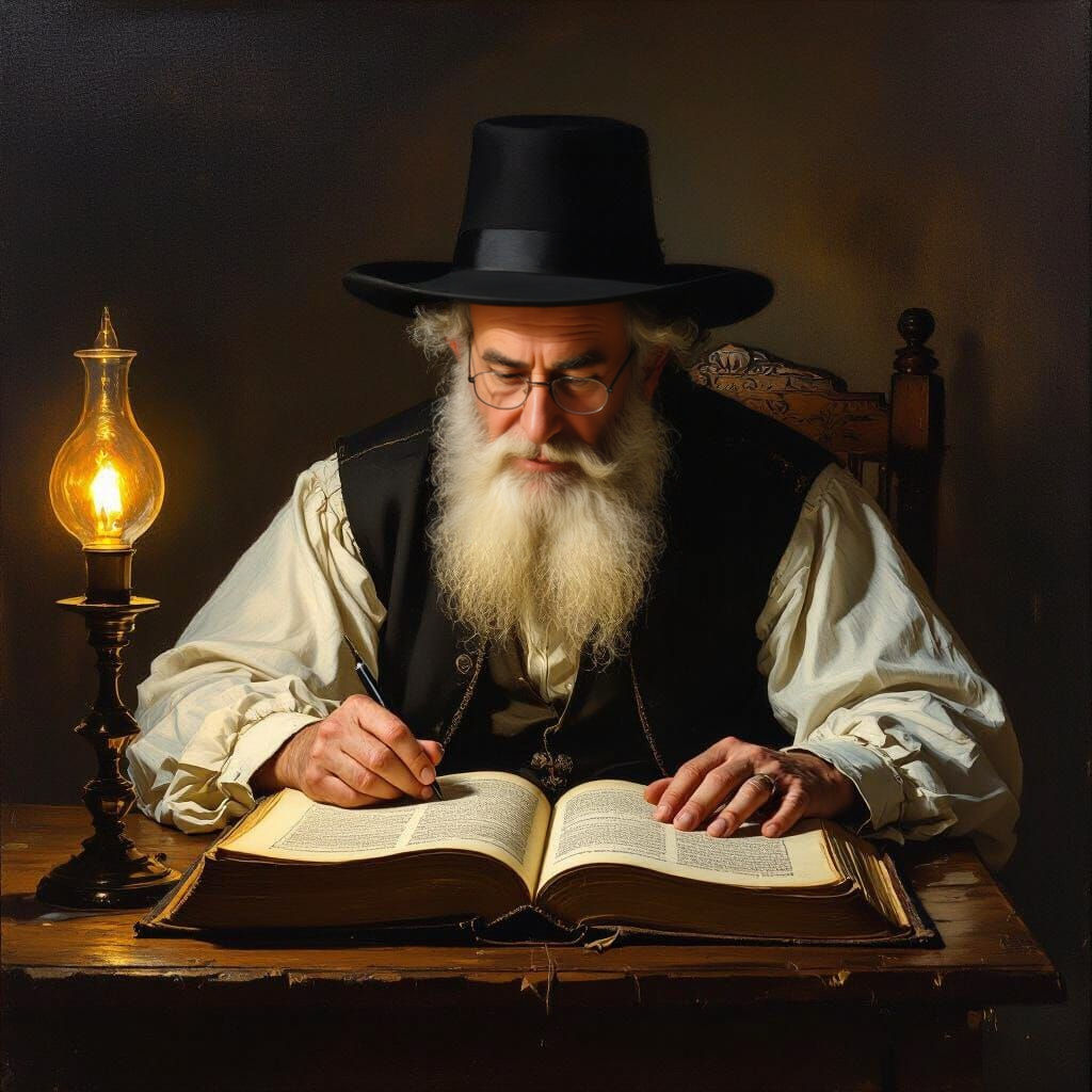 Elderly Scholar Studies Talmud by Oil Lamp