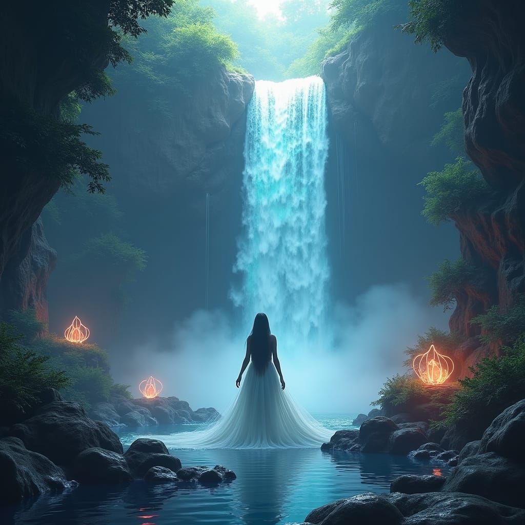 Ethereal Goddess at Iridescent Waterfall in Matte Painting