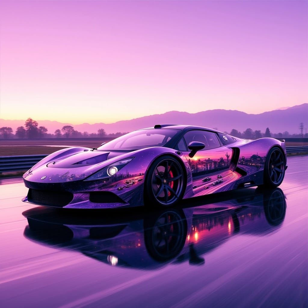 Double Exposure Sports Car at Sunset Racetrack
