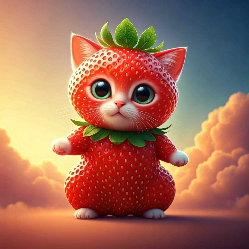 Kitten strawberry hybrid creature, cute, Pixar, Disney, concept art, 3d digital art, Maya 3D, ZBrush ...  by @K