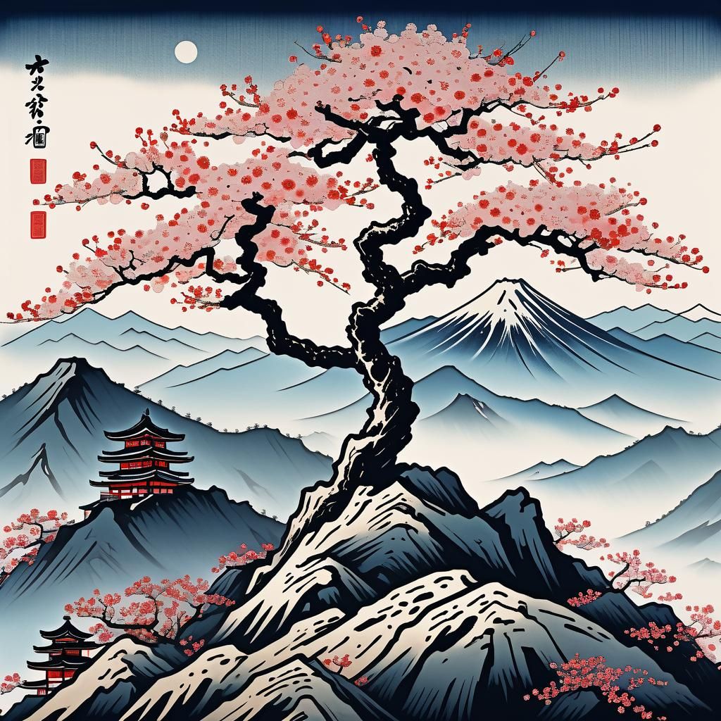 Ukiyo-e style cherry blossom tree on top of a mountain  by @Tippy