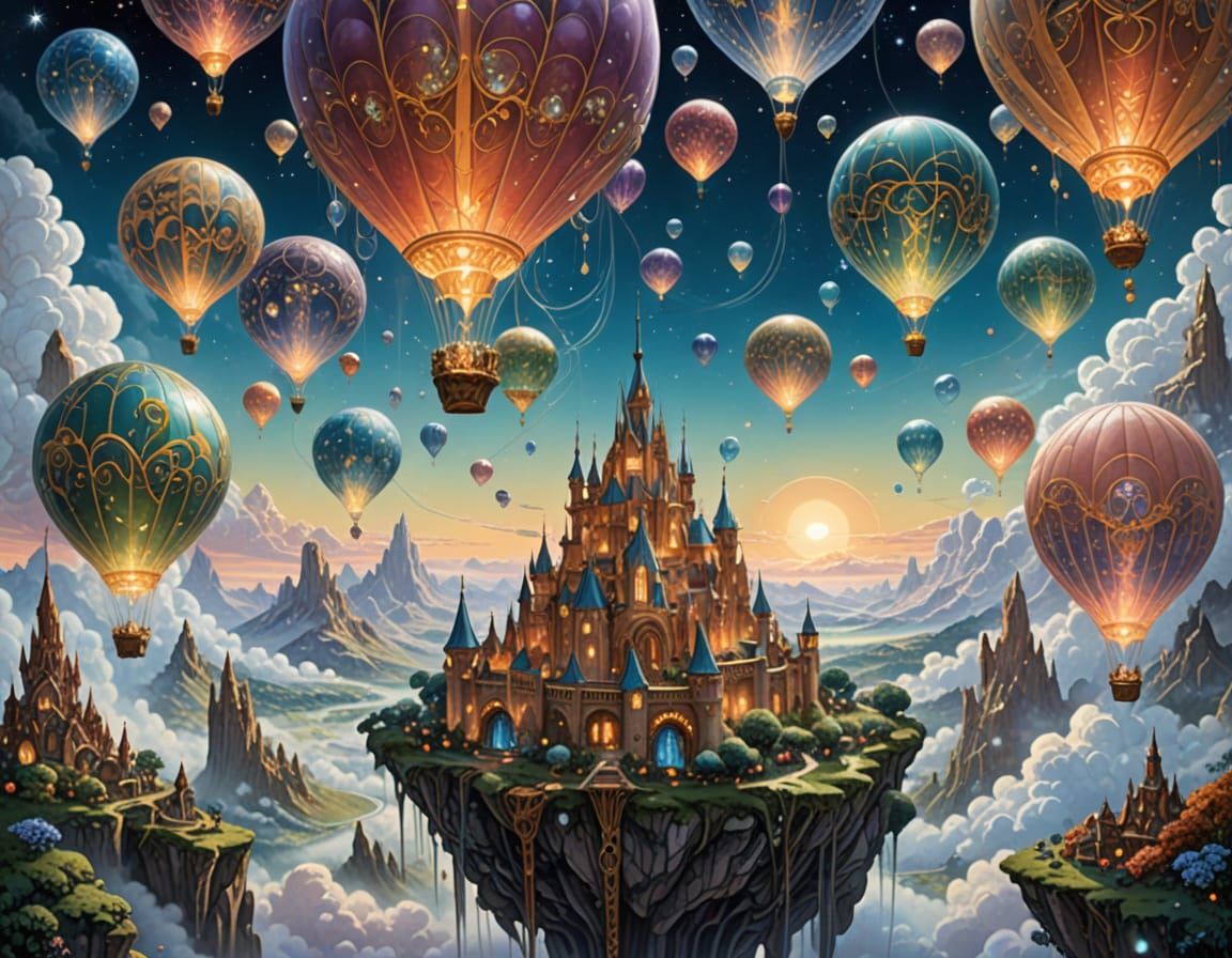 A breathtaking view of a crystal city floating among the clouds, held aloft by hundreds of giant, shimmering ...  by @Teresa Ann Chesnut