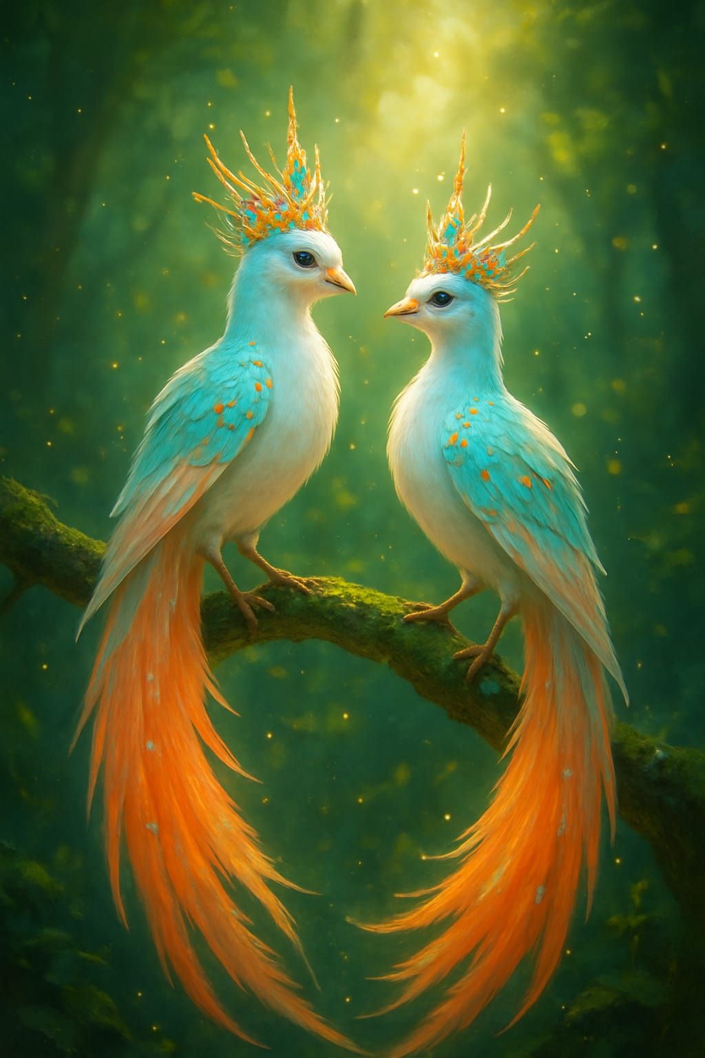 two fantasy birds perched on the branch.