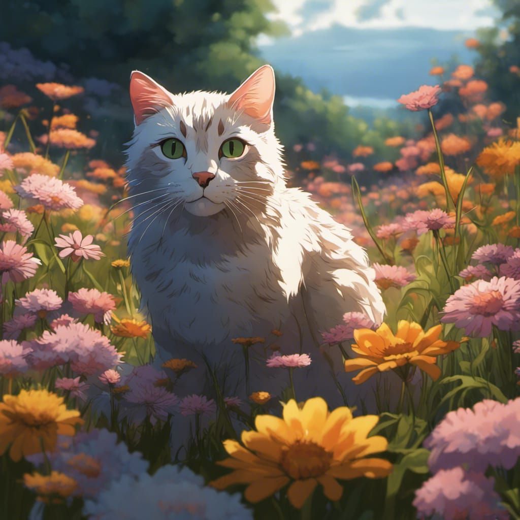 Cat in flower feild v2 - AI Generated Artwork - NightCafe Creator