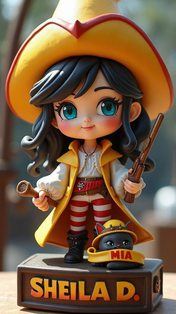 Anime figurine in the style of Luffy from the One Piece anime of a cubby adult female with white skin, light blue eyes, dark brown medium length hair, rosie red...