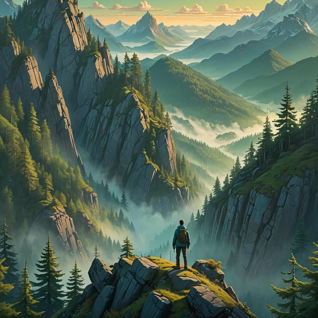 Man on Mountain Peak in Golden Light