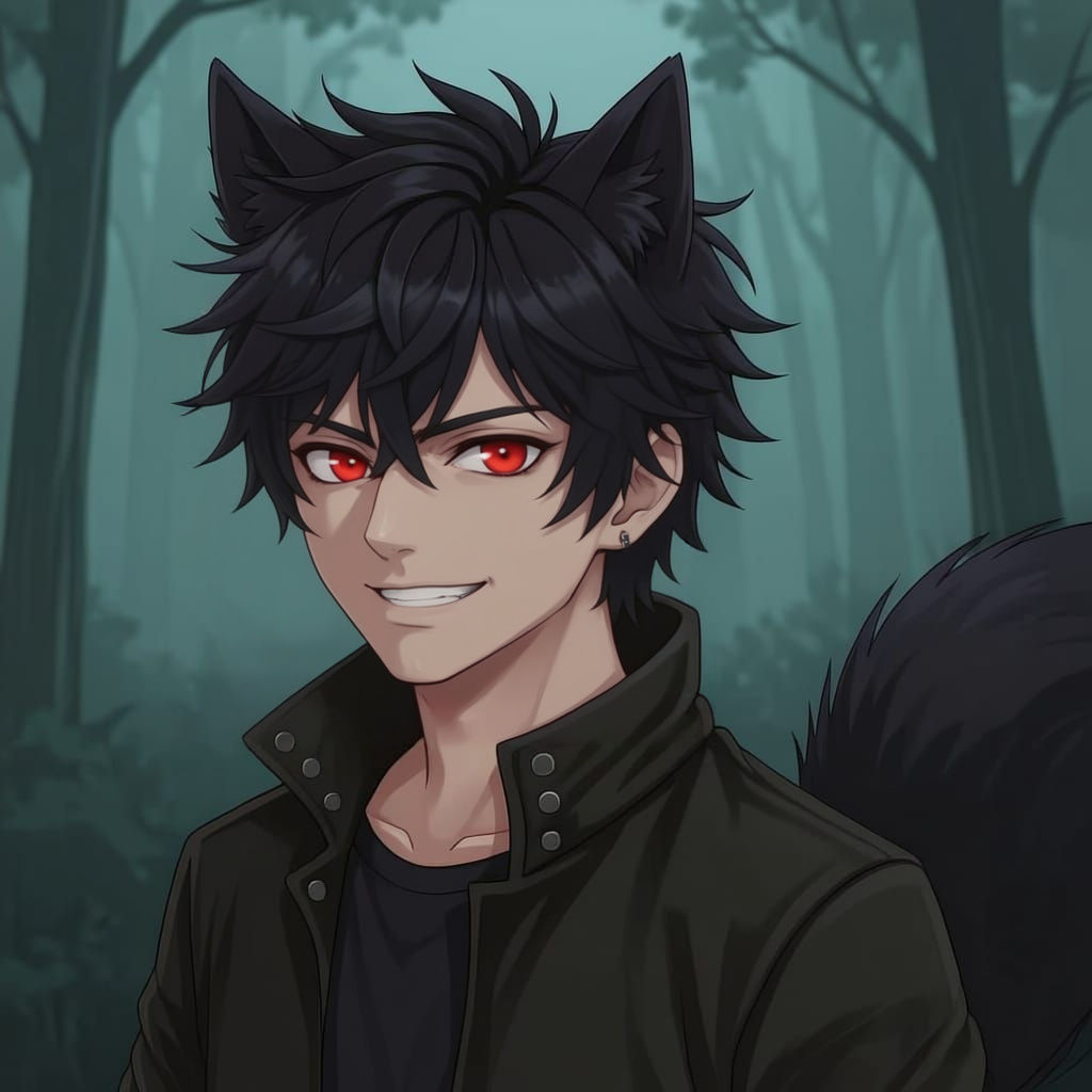 make a realistic anime handsome normal-looking 18 year old male but has grey/black werewolf ears and tail. He is evil though He has red eyes...