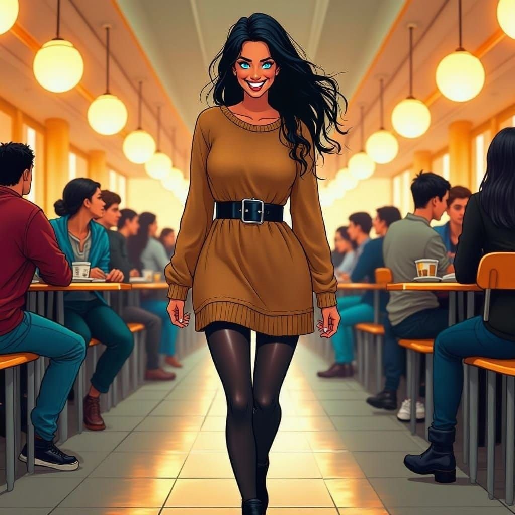 Woman With Blue Eyes in Busy Cafeteria