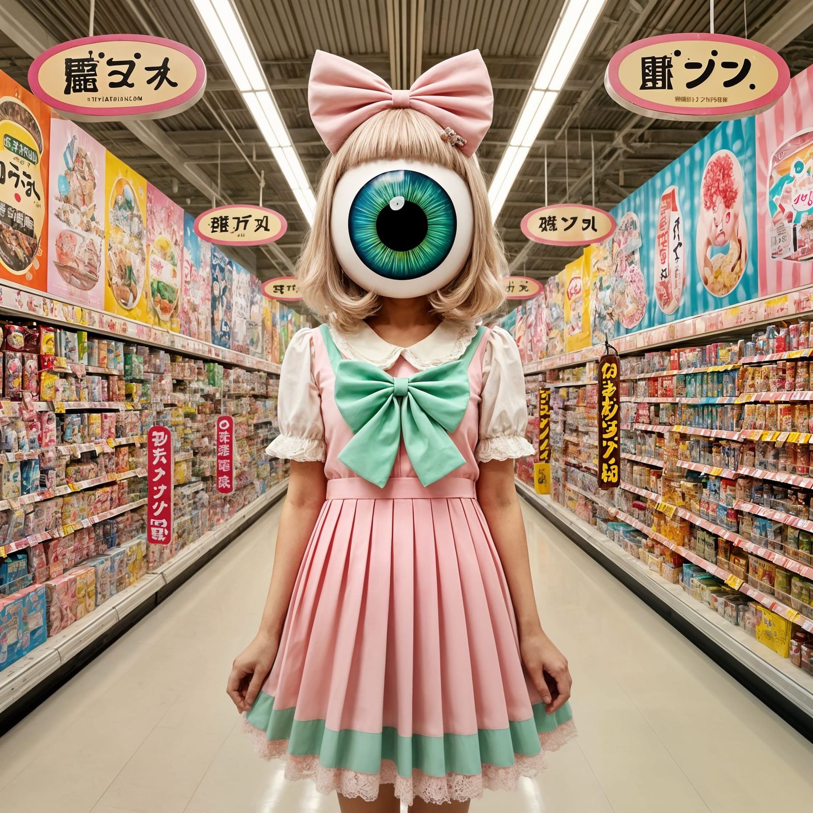 Woman in girly outfit wearing a cyclops mask inspired by the Japanese tanganmen subculture in a supermarket