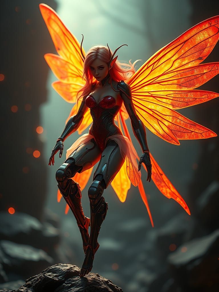 Digital matte painting. Macroscopic shot.

A cybernetic fairy with a prosthetic arm and leg.

Unreal Engine 5, volumetric lighting, compleme...