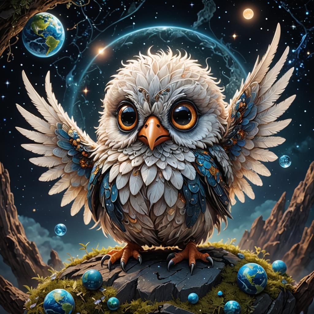 Fragile World: Bird Guardian in Cosmic Setting