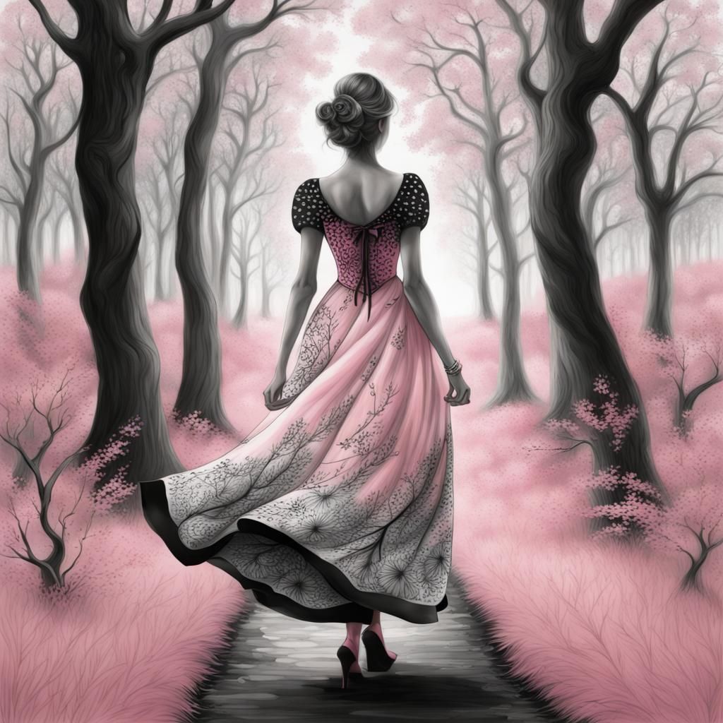 young lady, walking in a whimsical forest, black and white  a touch pink on her dress,  intensely realistic, ...  by @Dark Angel