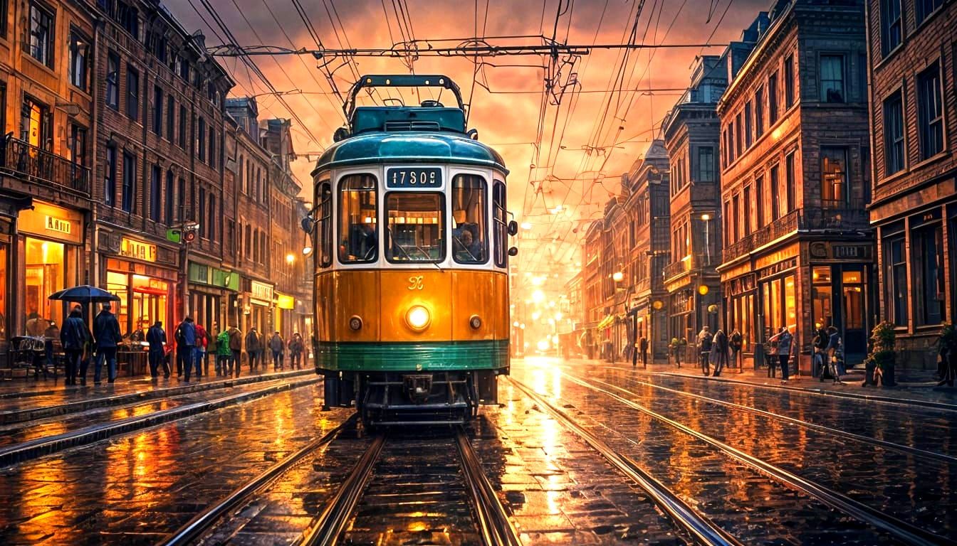 A rainy night scene captures a classic tram on the tracks, surrounded by quaint, colorful buildings. ...  by @Carlos
