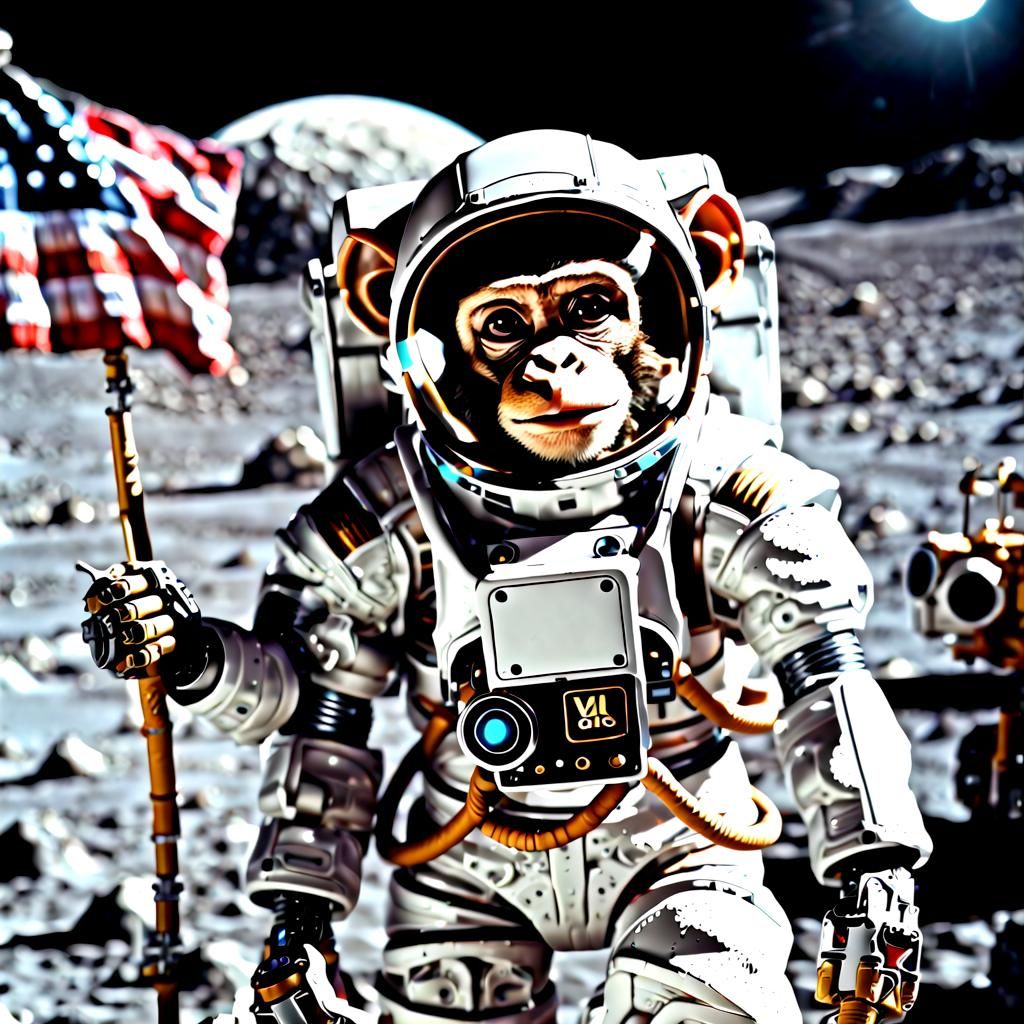 Robot monkey, on the moon, 4k