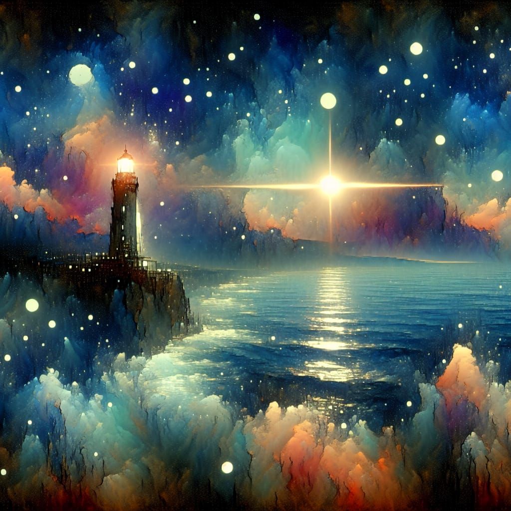Chaotic Midnight seascape lighthouse Fantasycore Stylized sp...