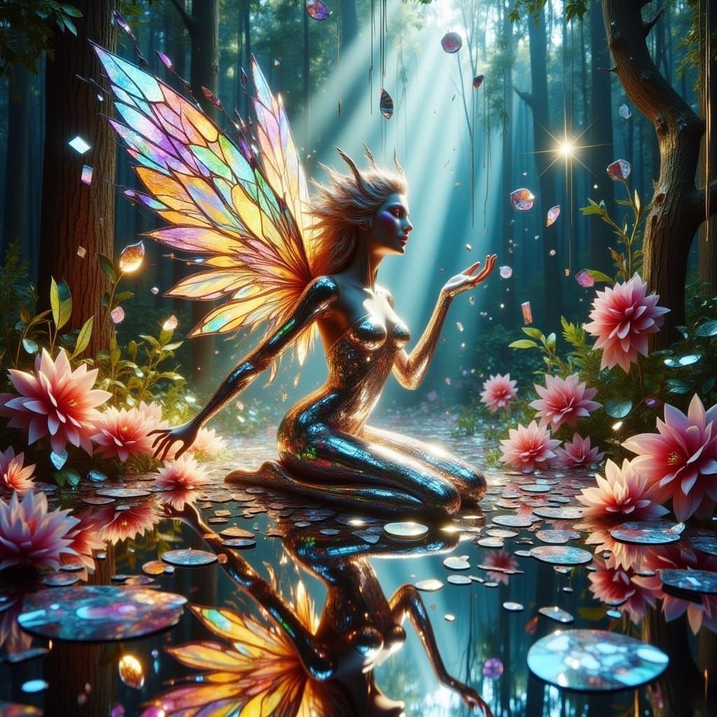 <lora:Shattered v2:1.0>A close-up of a beutiful fairy of mirrors   in a opalescent reflective forest of flowers 