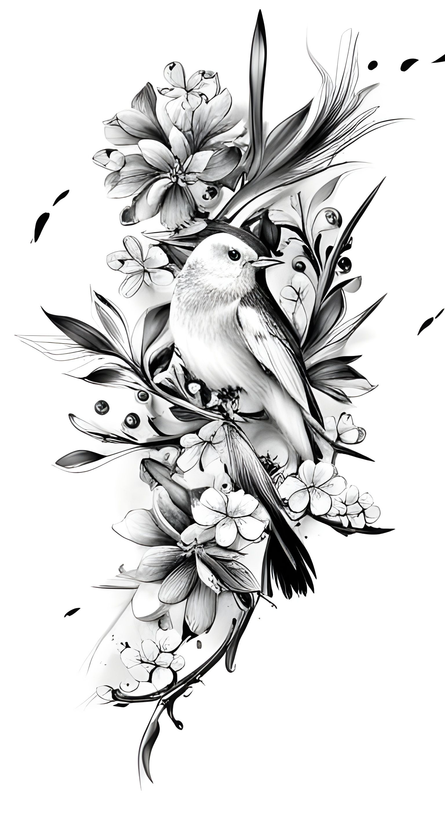 Tattoo nightingale with flowers - AI Generated Artwork - NightCafe Creator