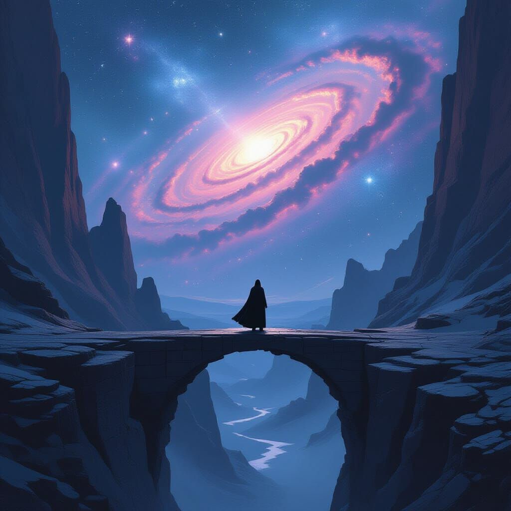 Cloaked Figure on Alien Bridge Under Galactic Sky