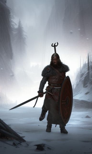 viking warrior, winter, snow, dark, deep color