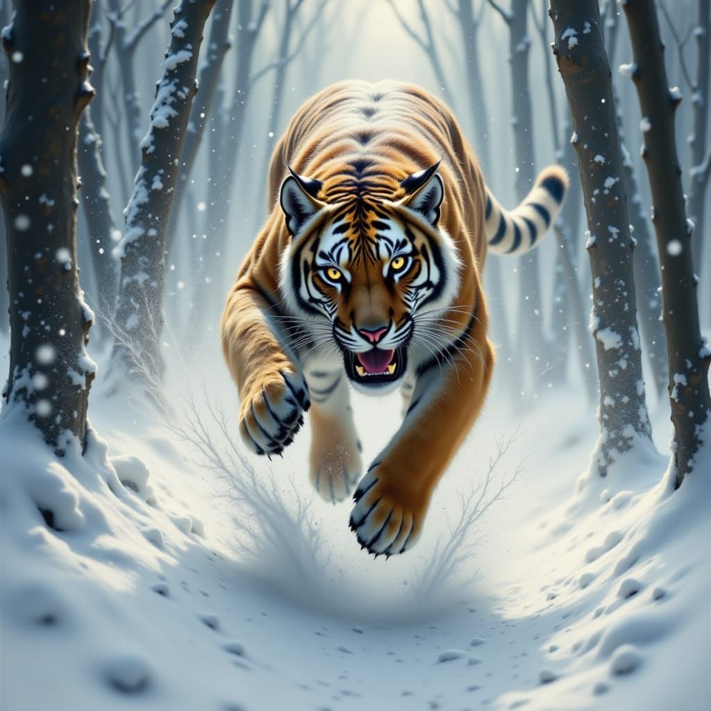 <lora:Action and Motion:1.0><Action-Motion>sprinting and leaping tiger in the snow