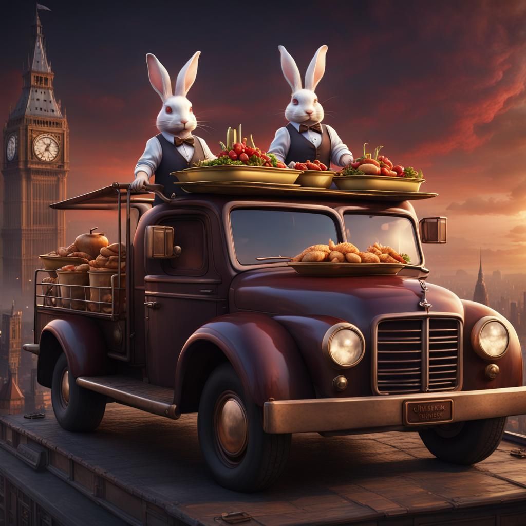 Rabbits Serve Food Atop Luxury Truck