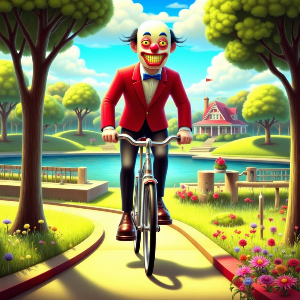 <lora:Naivepunk V2:1.0> A clown is riding a bicycle in the park in front of a pond.