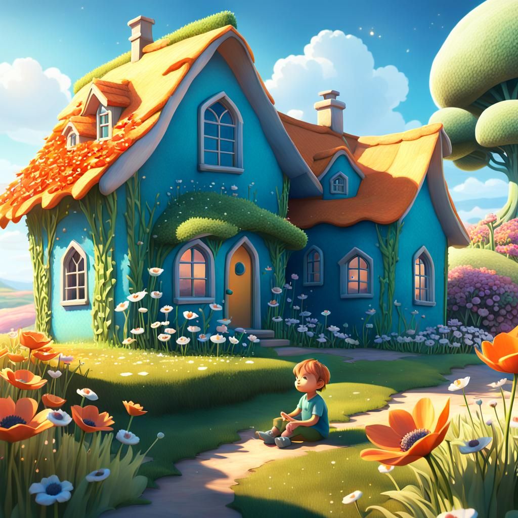 Whimsical Scene of a Child in a Sunny Field