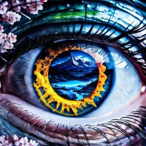 "macro shot of “city <lora:Eyeeezzzzz:1.0> inside an eye" double exposure collage art illustration, silhouette art, fantasy, hdr, vibrant, s...