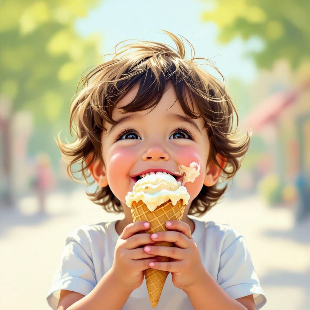 Joyful Child Eating Ice Cream on Sunny Day