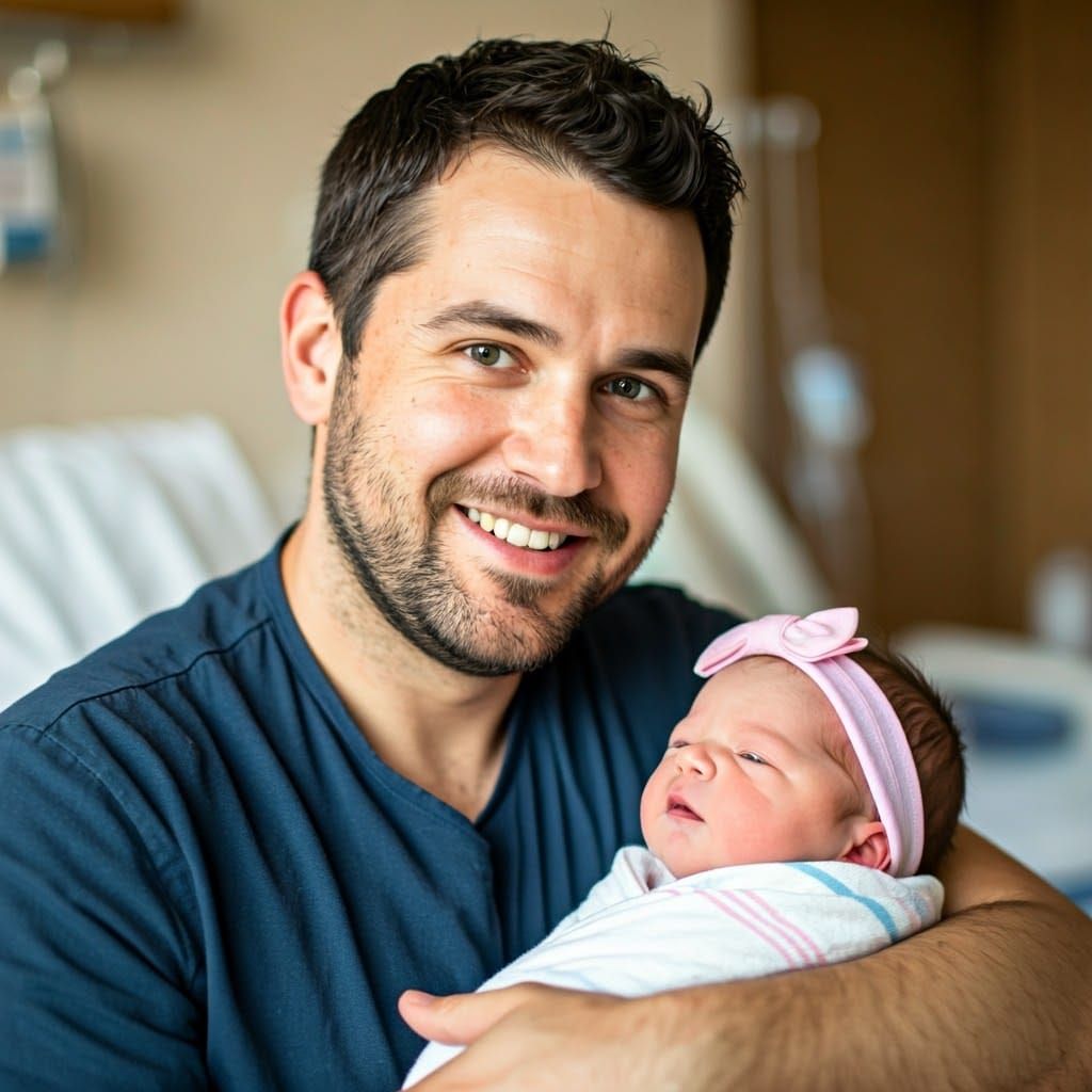 Overjoyed Father Cradles Newborn Baby Girl in Tender Close-U...