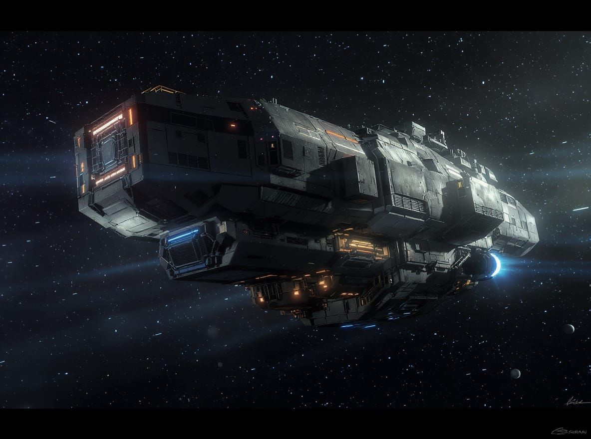 medium shot, detailed view of a large boxy, industrial spaceship, featuring intricate paneling and visible, blue, exhaust ports. The spacecr...