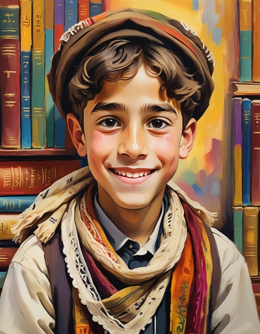 Joyful Fauvist Portrait of Young Boy with Books