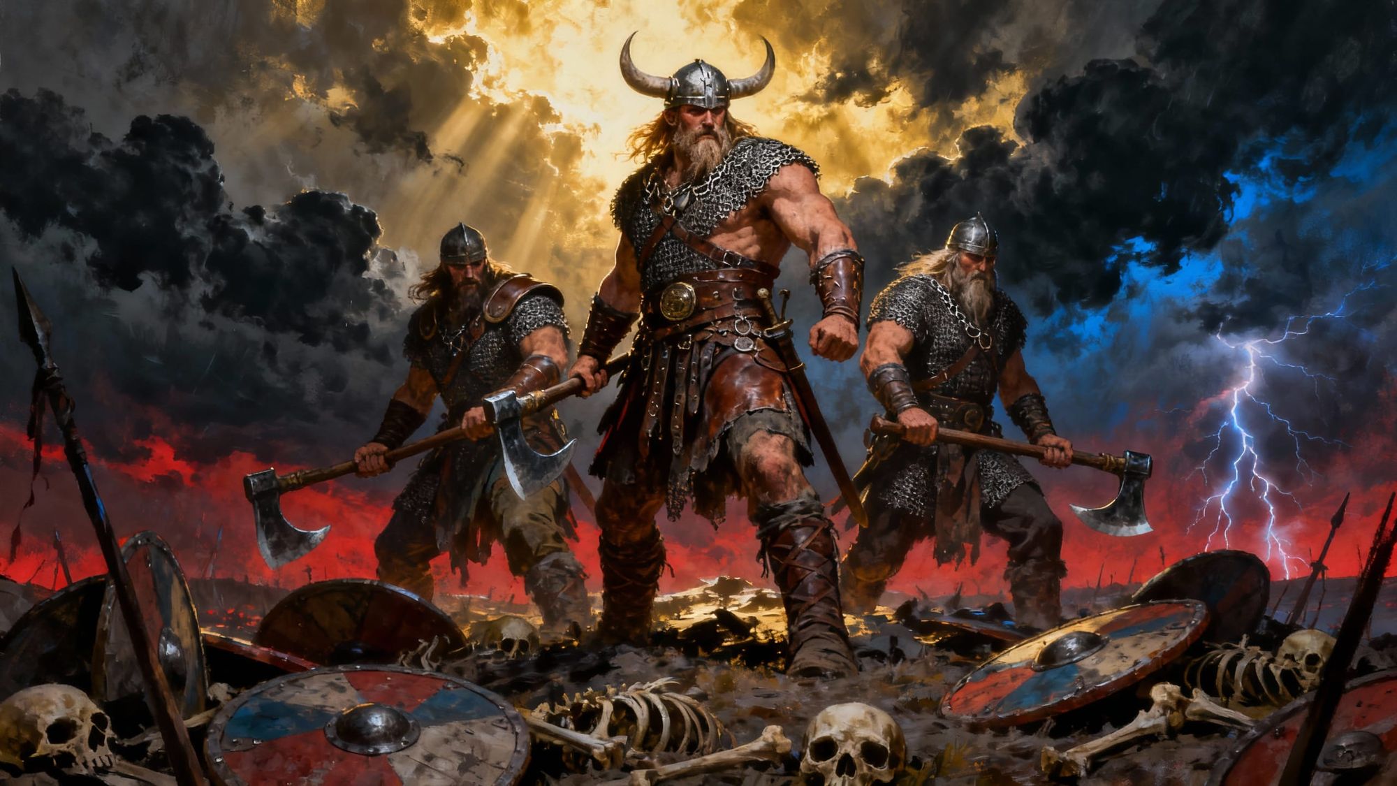 Three viking warriors stands in the field of battle, longing for valhalla